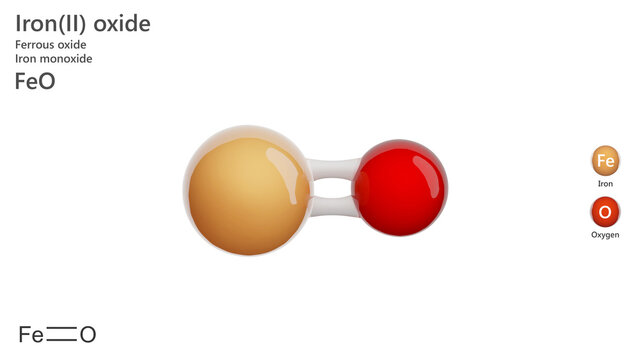 Molecule: Iron(II) Oxide. Molecular structure. Formula: FeO. Chemical model: Ball and stick. White background. 3D illustration.