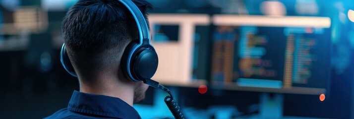 Back view of a technical support specialist wearing a headset and analyzing data on dual monitors