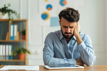 Naklejka premium Stressed Businessman Holding Head in Office with Tablet on Desk