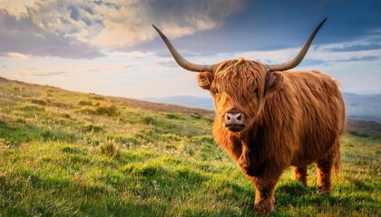 nature farm Highland cow, grass field background, Fresh and Relax concept. For montage product display or design key visual layout. View of copy space, alpine farm, rural life, mountain farming, farm 