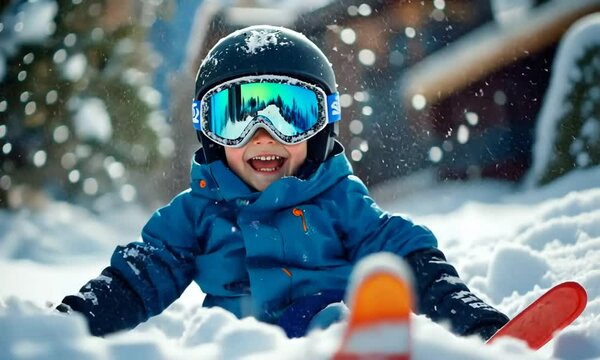 Happy child enjoying winter snow while sledding and laughing.