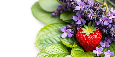 Obraz premium A juicy red strawberry rests on a bed of lush green leaves and vibrant purple lavender flowers, spring, berries, fresh