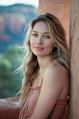 Naklejka premium Portrait of a young woman with soft smile leaning against stone wall with scenic natural backdrop
