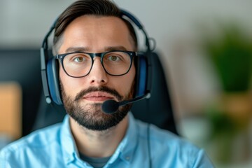 Customer Support Agent with Headset and Glasses in Home Office