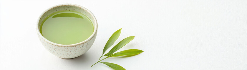 A serene green tea in a simple cup, accompanied by fresh tea leaves, highlighting natural wellness and tranquility.