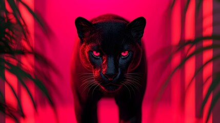 A fearsome panther stalking through a dark neon lit jungle enclosure its glowing eyes piercing the dramatic lighting in a captivating scene  High detail 3D rendering with an intense