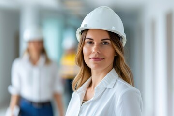 Confident Female Engineer in White Hard Hat at Construction Site