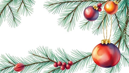 delicate watercolor pine tree branch with ornaments, ornaments, outdoors
