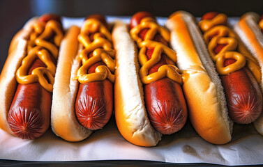 A close-up photo of hot dogs with mustard and ketchup. The hot dogs are arranged on a white tray.