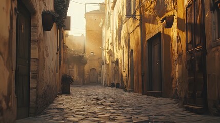 Obraz premium A narrow street in an old town, golden light shining through the buildings, cobblestone pavement, rustic architecture
