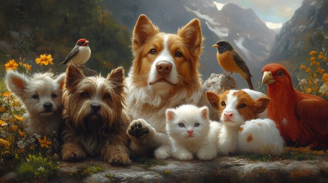 animal harmony, various animals, like a dog, cat, cow, and bird, harmoniously coexisting, representing unity among species in a serene natural setting