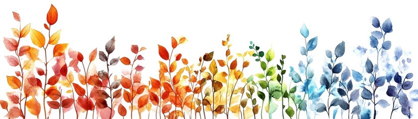 Colorful watercolor leaves on a white background.