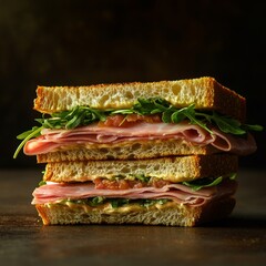Delicious Ham and Arugula Sandwich with Fresh Tomato and Mustard Spread