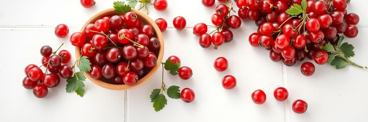 red currant berries in a bowl on a white table, culinary styling, decorating idea, container selection