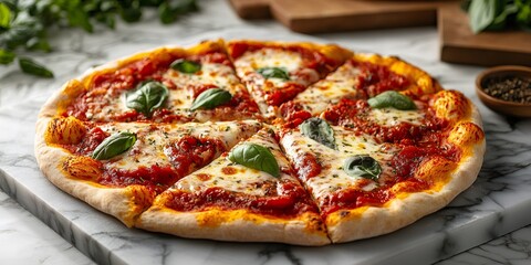 overhead shot of tasty Margherita pizza sliced into eight on marble surface