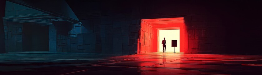 Silhouette of a person standing at a glowing doorway, abstract digital background.