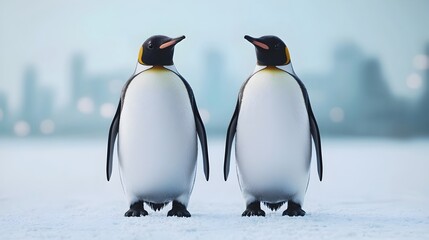 Fototapeta premium A pair of penguins sliding gracefully on an icy path through a transparent dome with a futuristic cityscape visible in the background