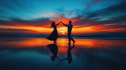 Couple Silhouettes Dancing on a Beach at Sunset