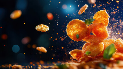 A pile of fried food with a lot of crumbs and bits of food flying around