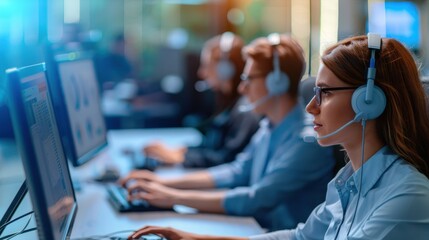 Focused Call Center Team Working with Headsets and Computers in a Modern Office