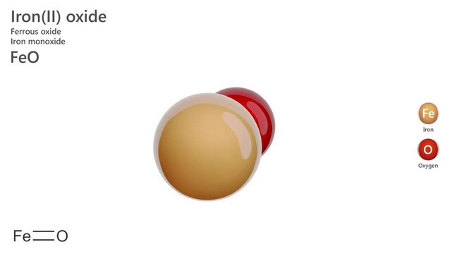 Iron(II) Oxide. Animated 3D model of a molecule. Molecular formula: FeO. Chemical model: Ball and stick. White background. 3D rendering. Seamless loop.