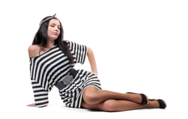 Young pretty girl in striped dress and high heels lying on floor and looking at camera, isolated on a transparent background png