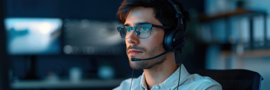 Focused customer service representative wearing headset in a modern office setting