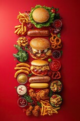 Fototapeta premium fries, pizza, hamburger, churros, fried chicken, sausages, onion rings, fried squids top view posed at the border of the image with red background , generative ai