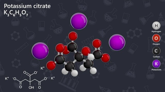 Potassium Citrate. E332. Animated 3D model of a molecule. Molecular formula: C6H5K3O7. Chemical model: Ball and stick. Dark background. 3D rendering. Seamless loop.