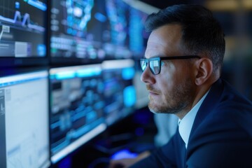 Focused cybersecurity analyst monitoring data on multiple screens in a dark control room