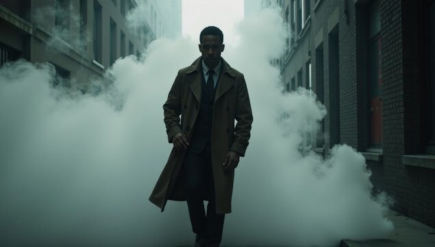 A mysterious African American Noir detective walks through the fog in a long trench coat