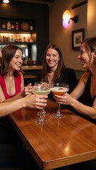 Young people celebrate with cocktails at a bar setting