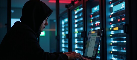 Hacker breaching corporate networks for theft of sensitive user data and financial info cybercrime attackfraud