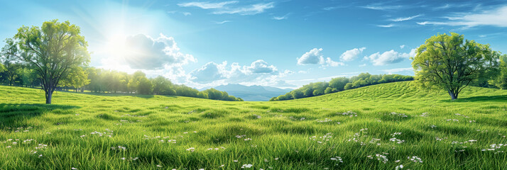Fototapeta premium Spring green meadow with wild flowers, glass field with flowers in blue sky with cloud background for template and banner.