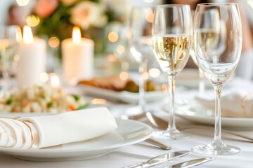 Elegant candlelit dinner setting with wine glasses and tableware