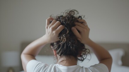 Fototapeta premium Woman gripping curly hair in frustration at home