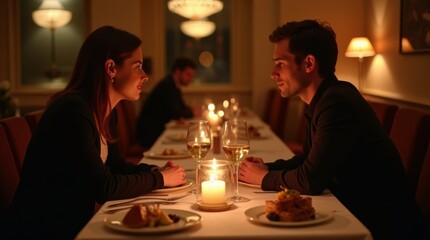 A couple sitting across from each other at a candlelit dinner table in a cozy, dimly lit restaurant, warm ambient light creating a romantic mood, glasses of wine and plates of gourmet food