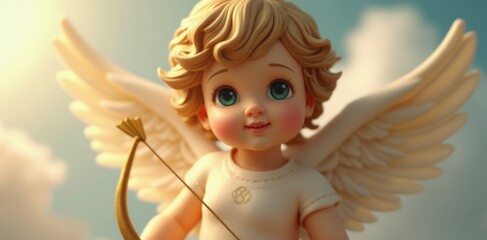 Close-up of an angelic Cupid with soft, feathered wings, holding a golden bow and arrow, surrounded by a gentle glow and ethereal clouds, creating a serene and romantic atmosphere.