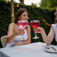 Two individuals toast with pink  red cocktails at an outdoor table setting Outdoor Scene Drink Focus