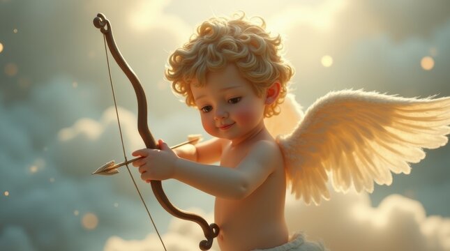 Close-up of a cherubic Cupid with delicate wings, holding a bow and arrow, surrounded by soft clouds and a gentle light, creating a romantic and enchanting atmosphere.