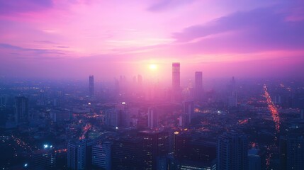 Fototapeta premium Dusk city skyline glowing pastel hues, urban view with lens flare, peaceful ambiance. AI generated