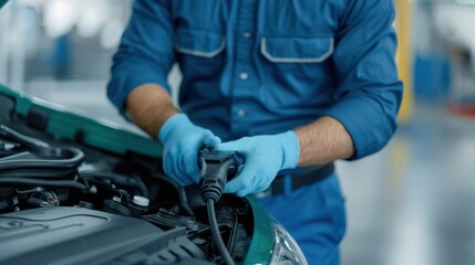 Close-Up of Technician Plugging in Electric Car Charger Wearing Blue Uniform
