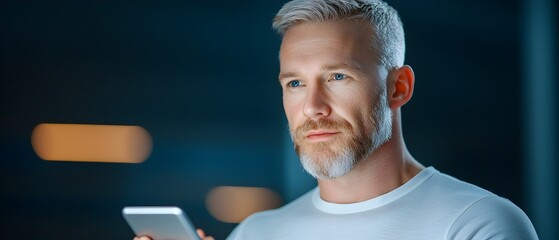Futuristic man with beard using advanced robot technology and digital interfaces for seamless communication smart assistance and innovative solutions in a high tech digital environment