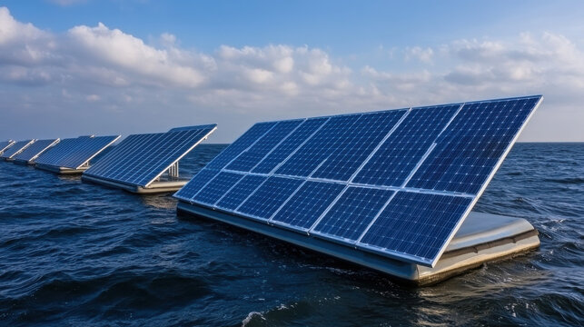 Futuristic floating solar farm on open ocean with blue waves