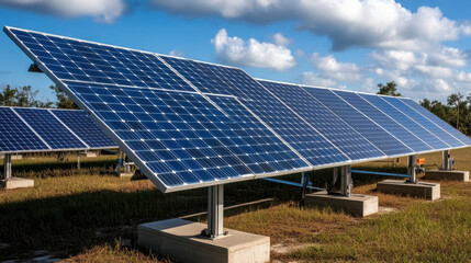Efficient solar panels in laboratory setting under blue skies