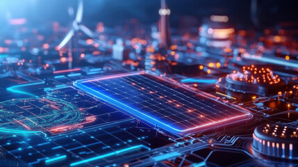 Fototapeta premium Futuristic renewable energy grid with solar panels and technology