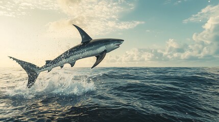 Fototapeta premium Majestic great white shark leaping out of the ocean under a golden sunset sky