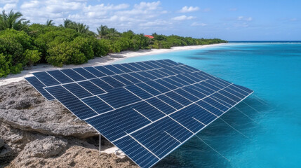 Sleek solar array on rocky shore, surrounded by tropical landscape and clear blue water