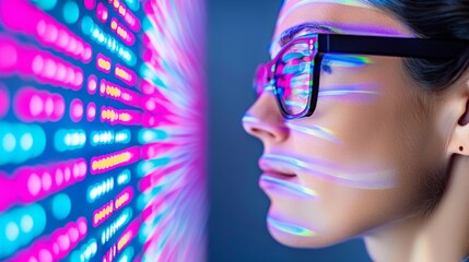 Woman in glasses with colorful digital reflections analyzing data on screen