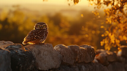 Obraz premium A spotted owl perched on a stone wall at sunset, looking intently at the camera.
